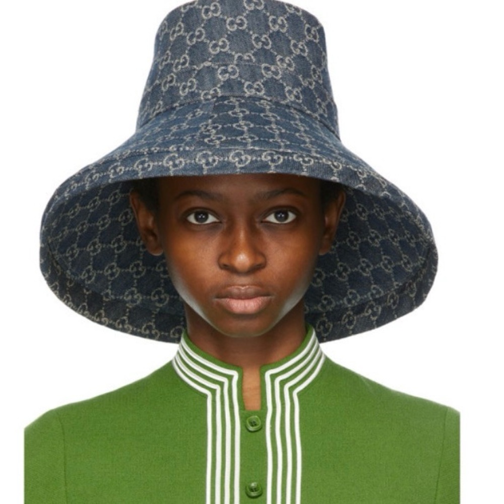 Gucci Denim GG Monogram Bucket Hat Wide Large Brim Navy Blue Sun Coverage - Picture 3 of 16